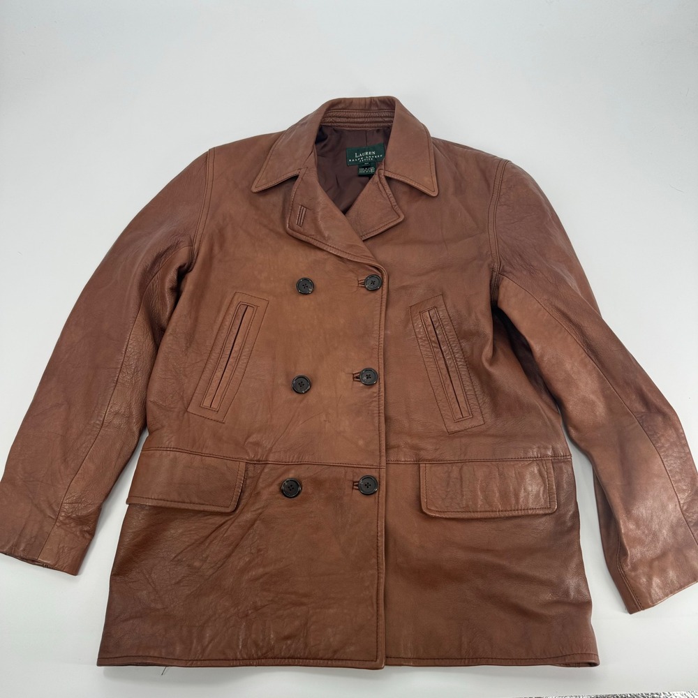 Lauren Ralph Lauren Women's Leather Jacket Brown Petite 4P Double Breasted‎